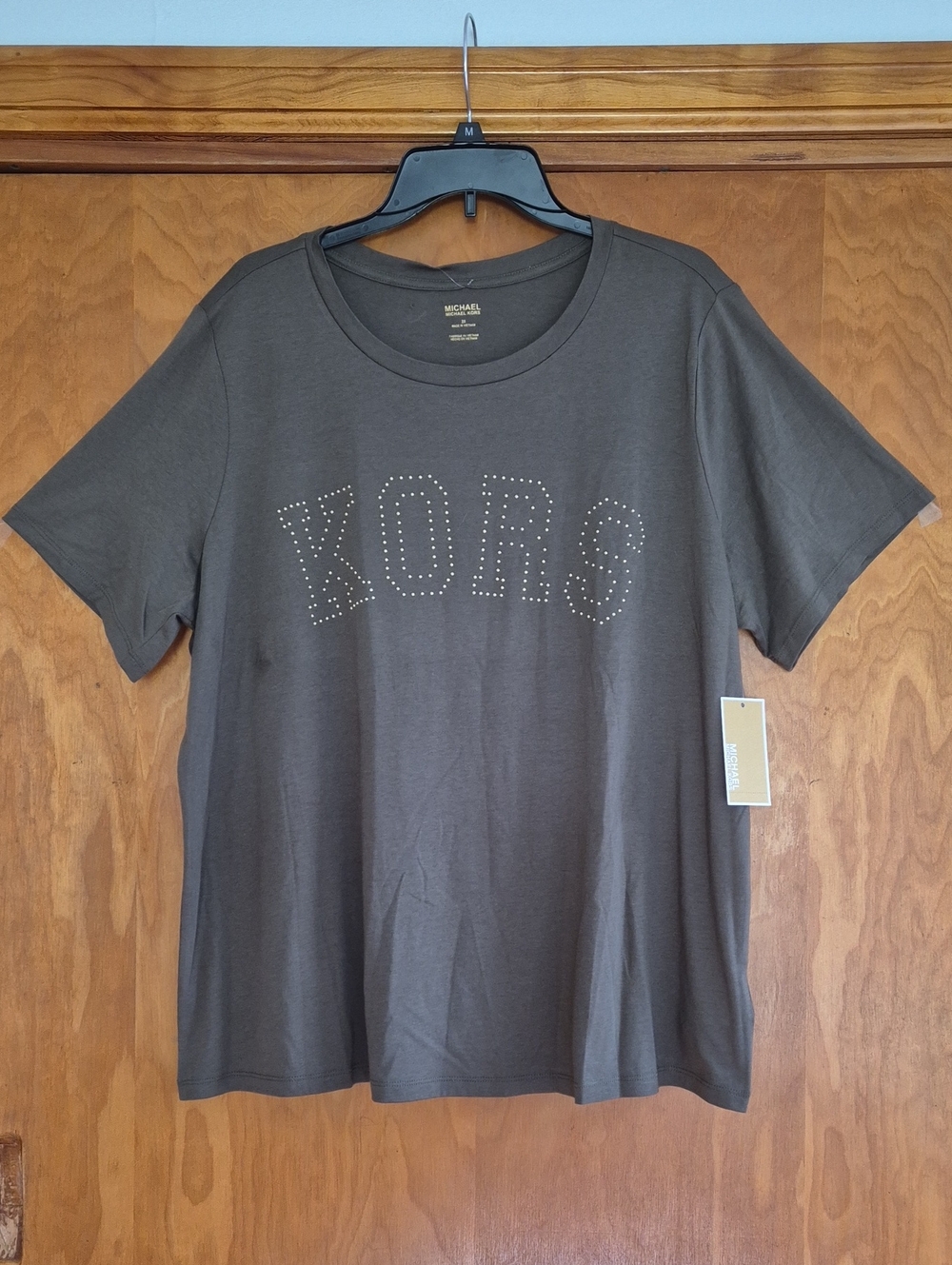 MICHAEL Michael Kors Women’s Plus 2X Olive Green Gold Studded KORS Tee